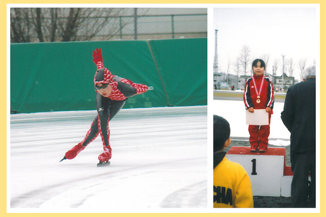 左：トラックでスケートを練習中。右：表彰台で1位の台に立っている子供のころの佐藤選手