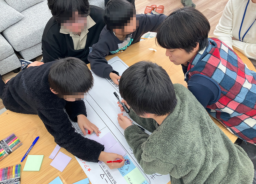 みんなで協力してアイデアを付箋に書き出していく