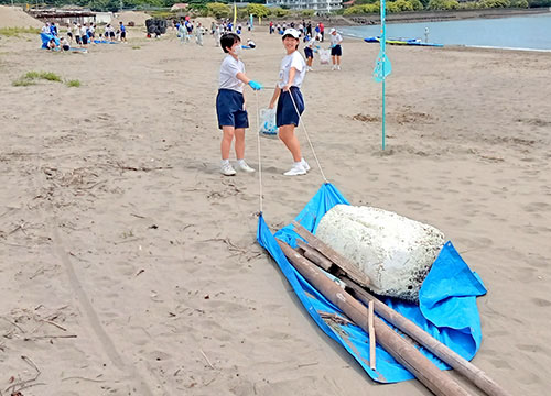 回収したごみをブルーシートに乗せて運搬