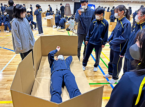 完成したダンボールベッドの寝心地を確認