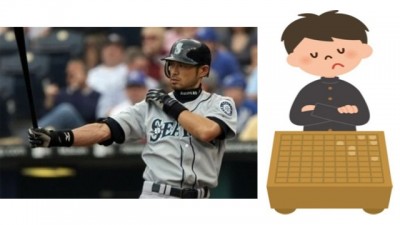 イチロー選手の写真と、将棋をする詰襟の学生のイラスト