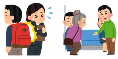 電車の中でリュックをしょったままの人、お年寄りに席を譲る人、などの社内マナーについての画像