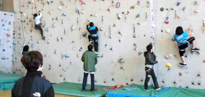 室内のクライミング用の壁をよじ登る子供たち