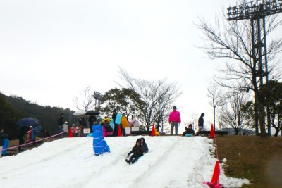 雪の広場でソリ遊び。坂の上から“シューッ”と気持ちよさそう