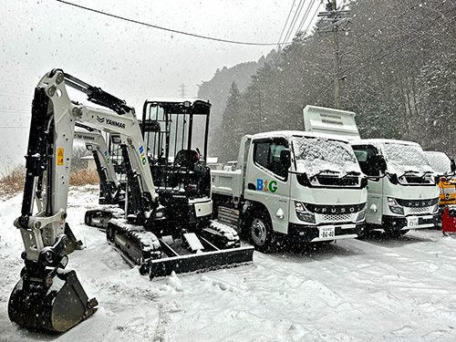 配備機材（油圧ショベル、スライドダンプ2台、排土板）